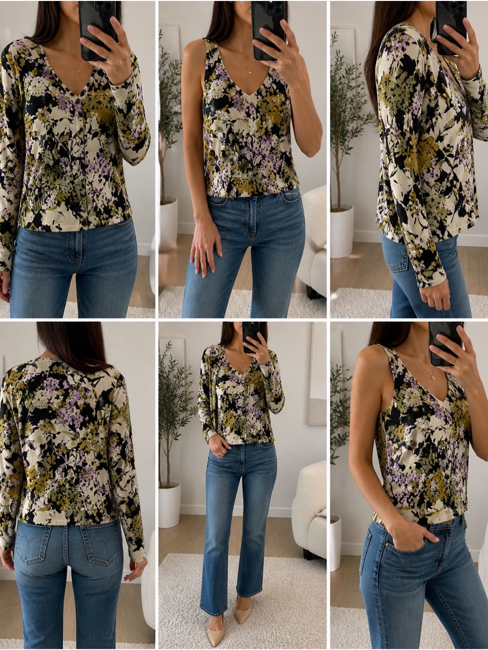 Talbots Floral V-Neck Long Sleeve + Tank Set - Black, Olive & Lilac